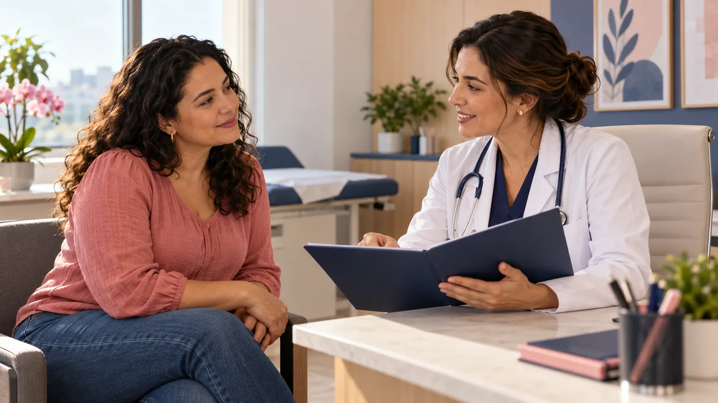 Mulher adulta conversando com médica em consultório, sem procedimento em realização; imagem ilustrativa gerada por IA